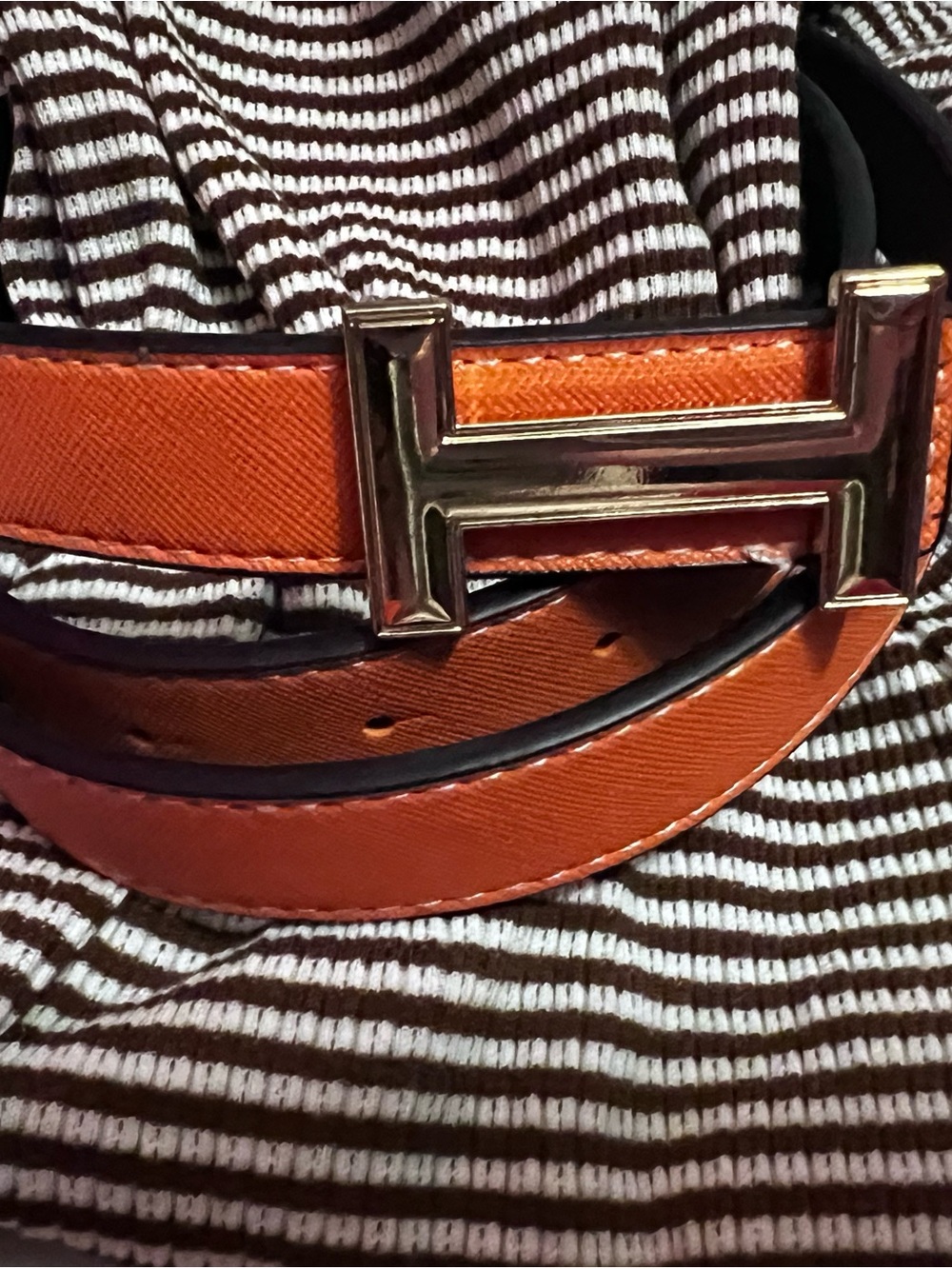 Women's Orange / black reversible Leather Belt with Gold H Buckle